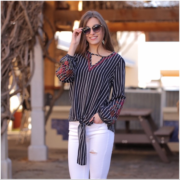 Infinity Raine Tops - ✨LAST ONE✨Navy striped embroidered tie front top